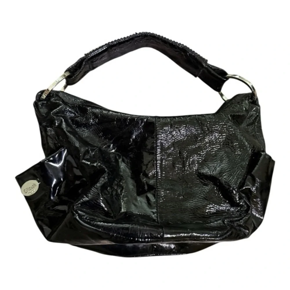 DXtouch Black Patent Leather Shoulder Bag Rhinestone Strap Y2K Glam Hobo Bag